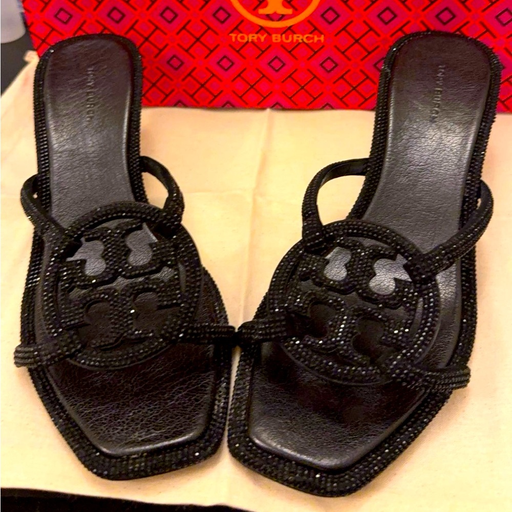 Tory Burch Pave Geo Bombe Miller Low Heel Sandals
Size 9 US
Color: Perfect Black